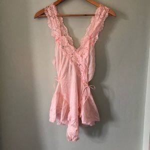 Alana Gale vintage light pink lace trim ruffle teddy bodysuit lingerie 80’s